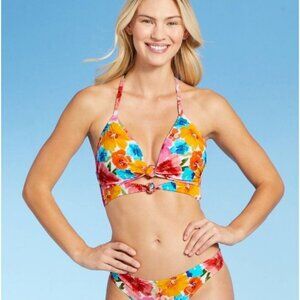 Shade & Shore Womens Lightly Lined  Double Knot-Front Bikini Top Floral Size 32C